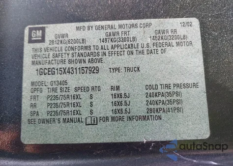 2003 Chevrolet Express z USA, uszkodzony, nr VIN 1GCEG15X431157929